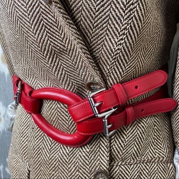 Ralph Lauren Made in Italy Red Calf Leather Silver Tone 2 Buckle Tri-Strap Belt - Picture 10 of 16